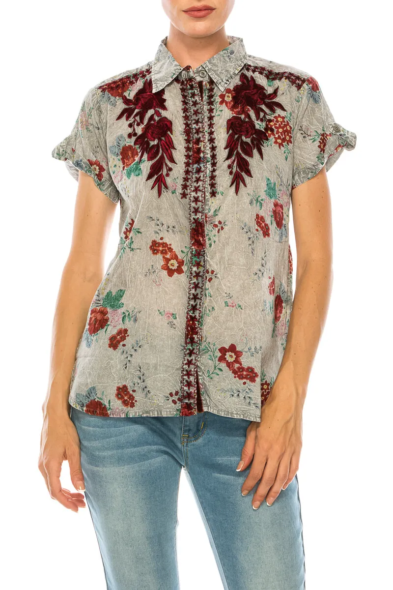 Floral Short Sleeve Shirt with Embroidery and Vintage Wash
