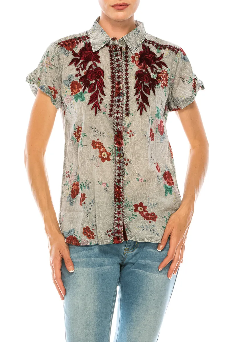 Floral Short Sleeve Shirt with Embroidery and Vintage Wash