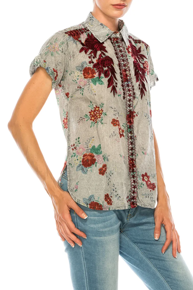 Floral Short Sleeve Shirt with Embroidery and Vintage Wash