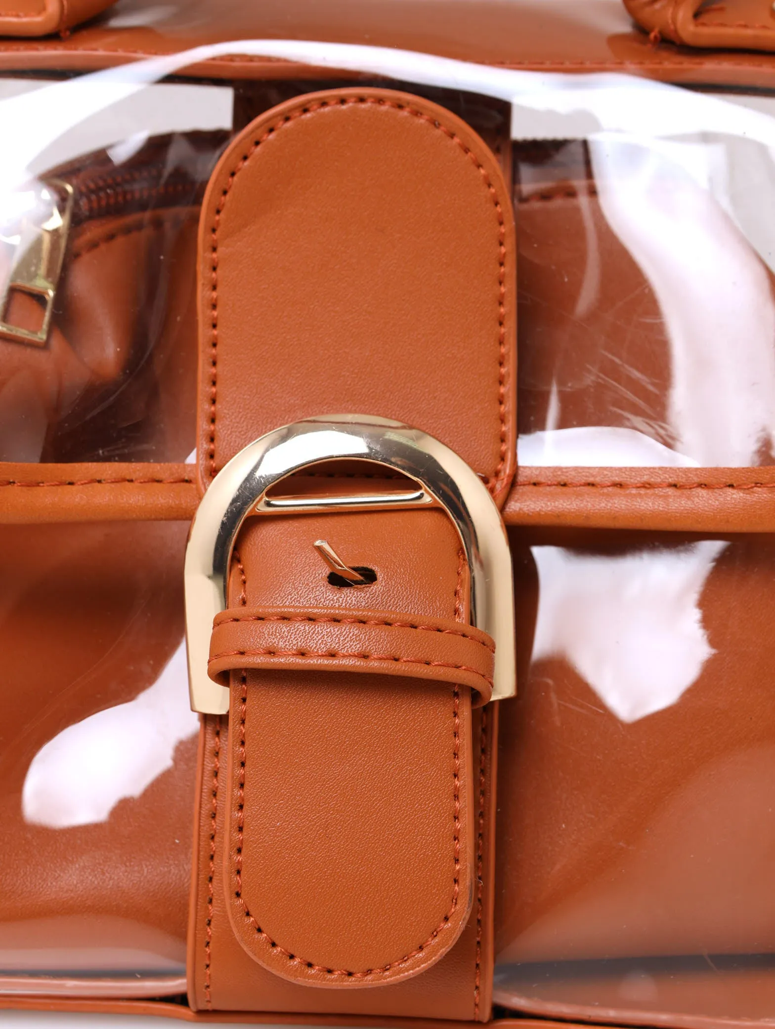 Front Buckle Vinyl Satchel - Tan
