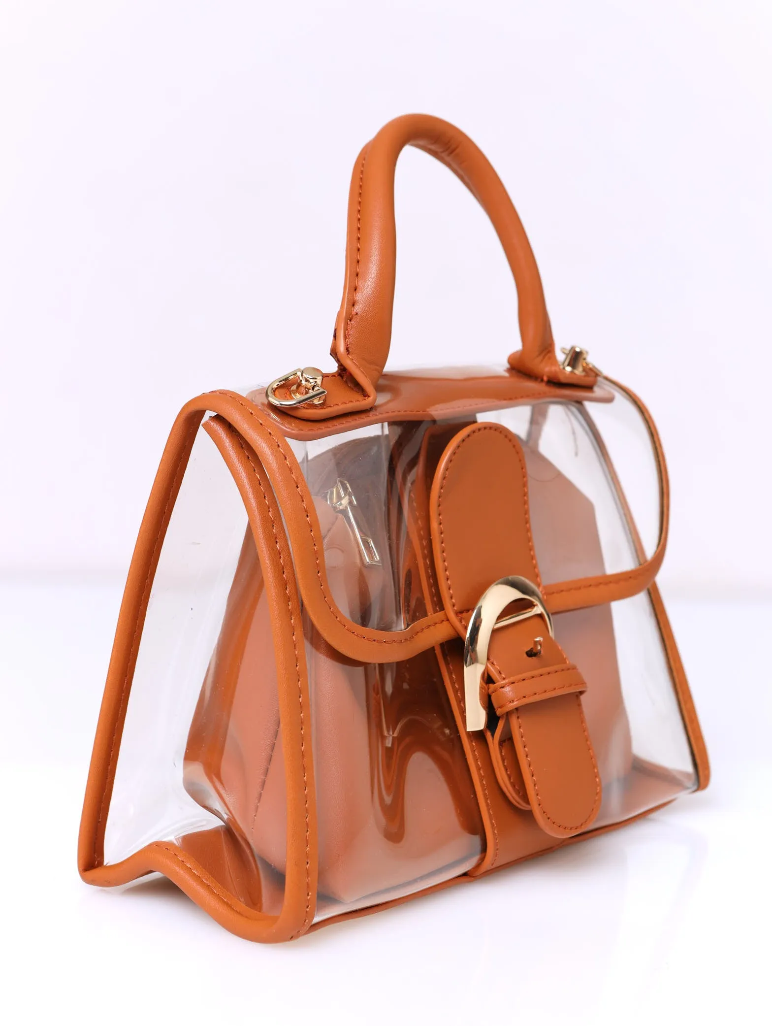 Front Buckle Vinyl Satchel - Tan