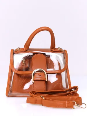 Front Buckle Vinyl Satchel - Tan