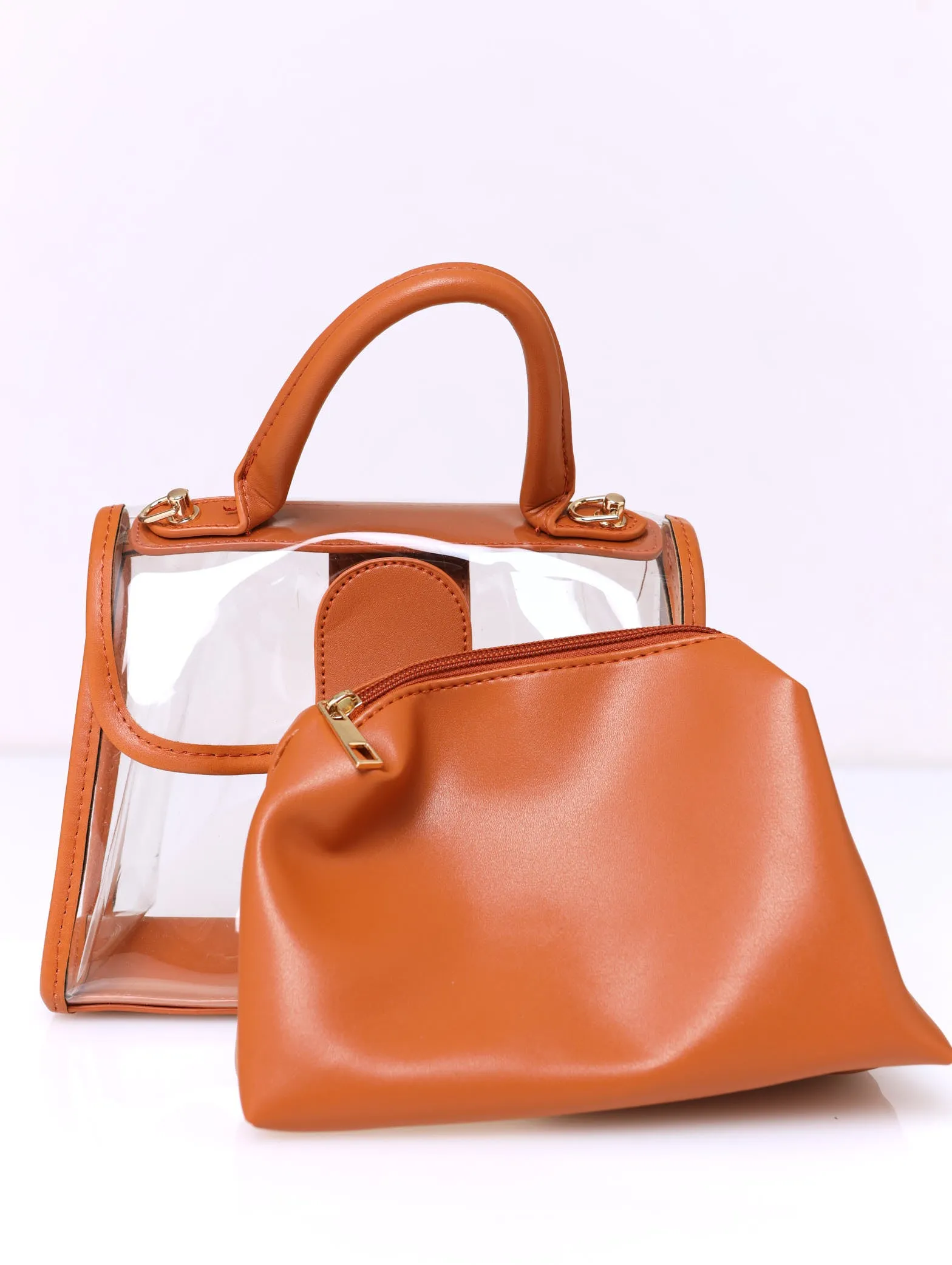 Front Buckle Vinyl Satchel - Tan