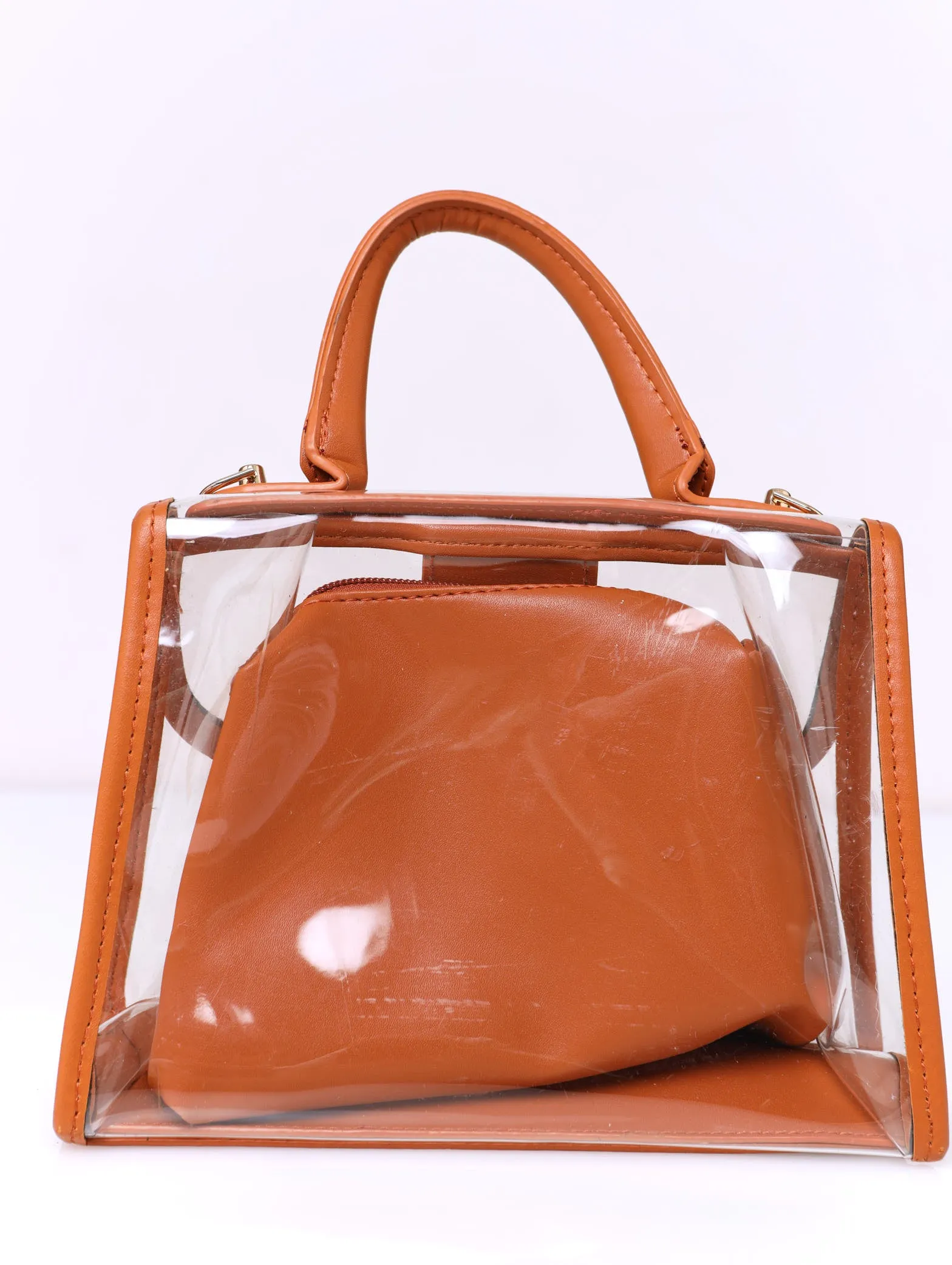 Front Buckle Vinyl Satchel - Tan