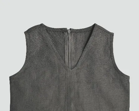 Girls Soft Grey Organic Linen Sleeveless Short Shift Dress with Embroidered Trim