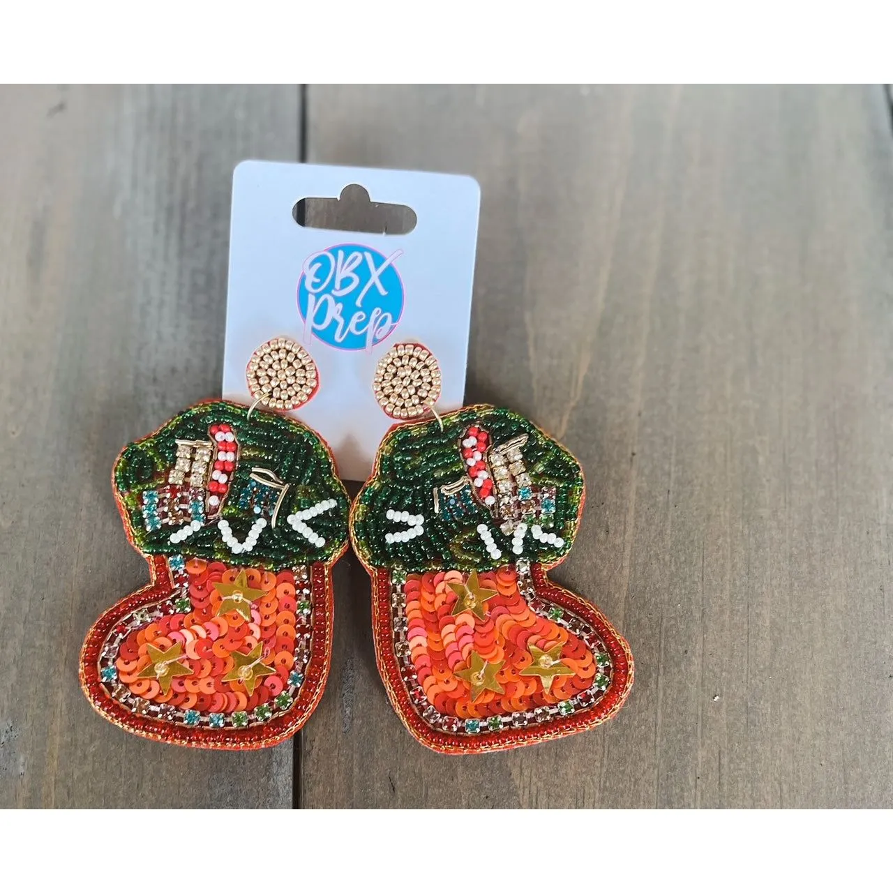 Glam Christmas Stocking Seed Beaded Drop Earrings.