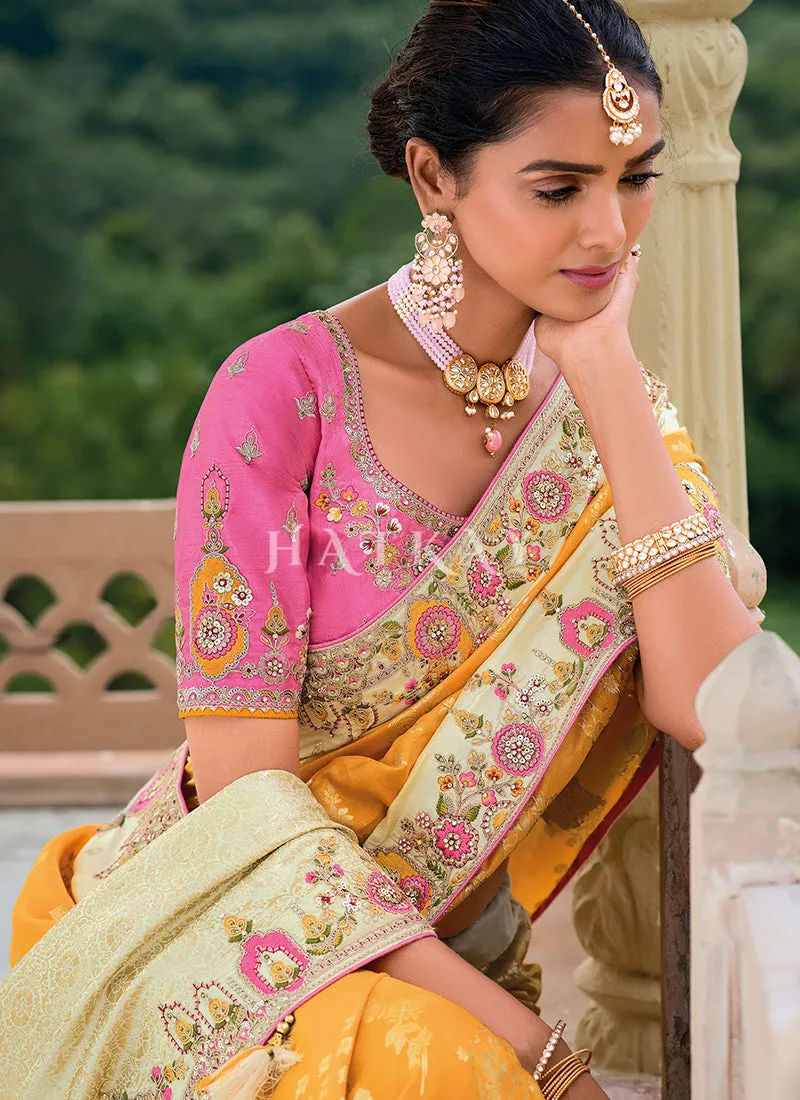 Golden Yellow And Pink Floral Embroidery Saree