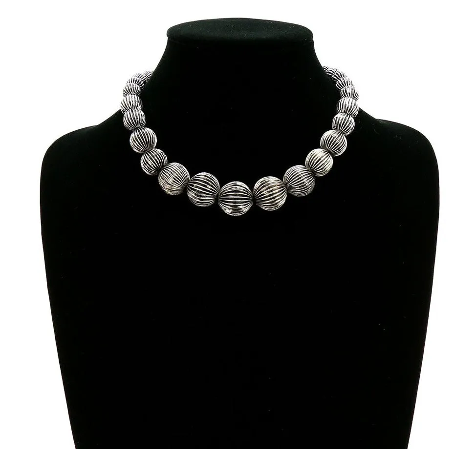 Graduated Fashion Navajo Style Pumpkin Bead Necklace - Silver