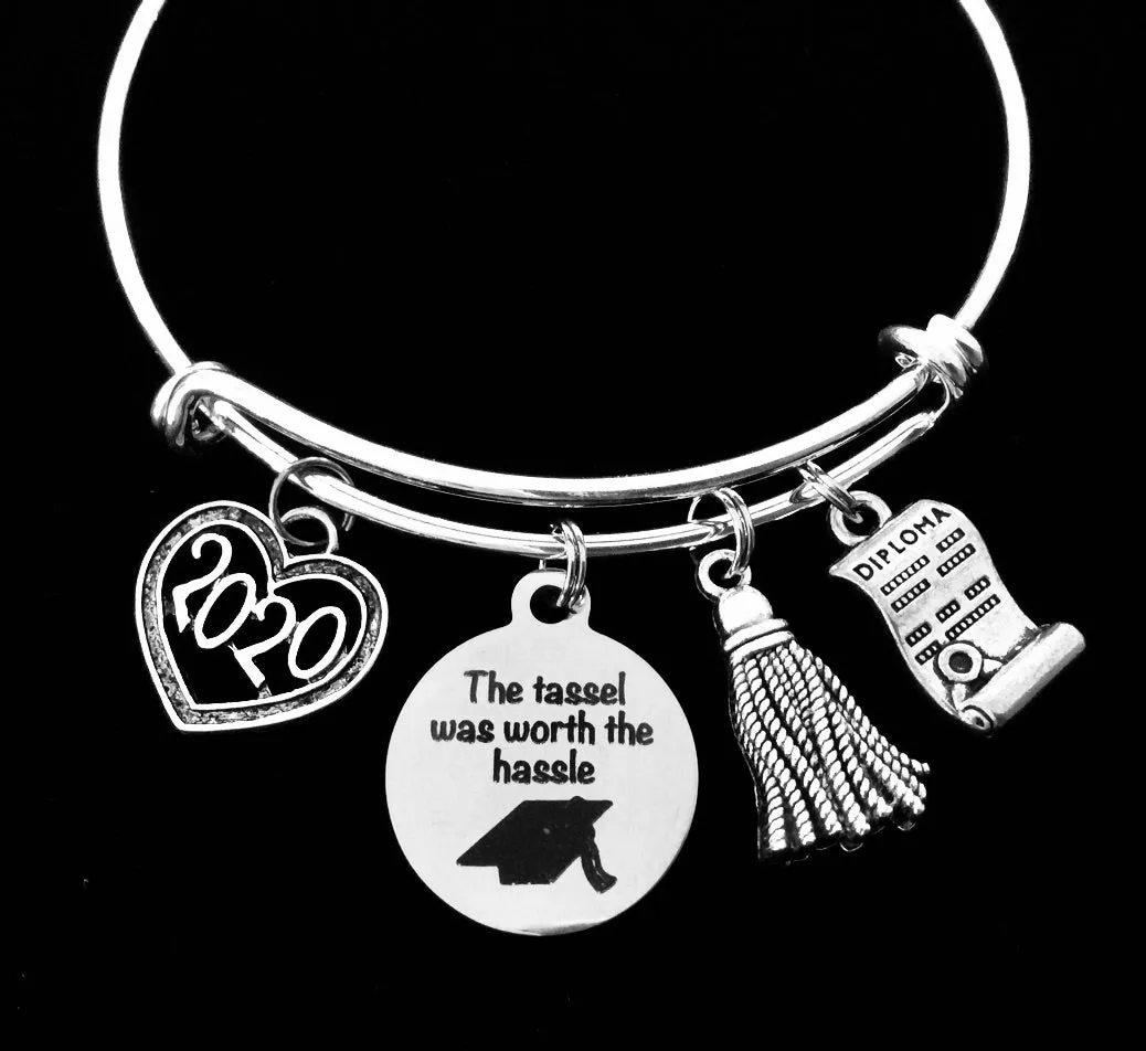 Graduation Jewelry Expandable Charm Bracelet 2024 Diploma The Tassel Was Worth the Hassle Adjustable Silver Bangle Gift