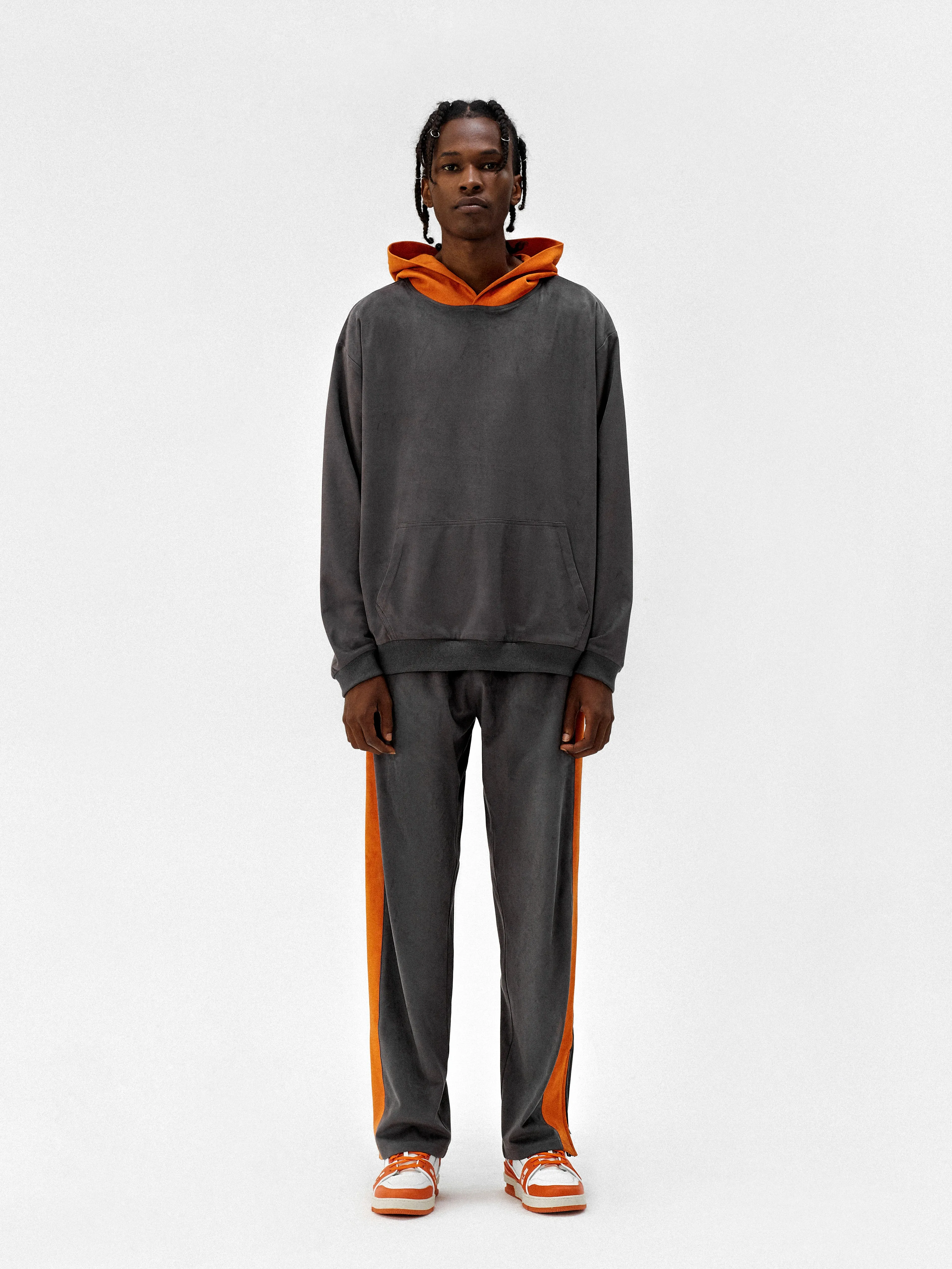 Gray Suede Fabric Orange Hooded Sweater