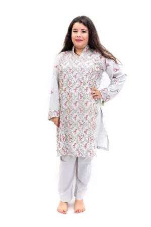Grey Cotton Embroidered Salwar Kameez - Girls Suit