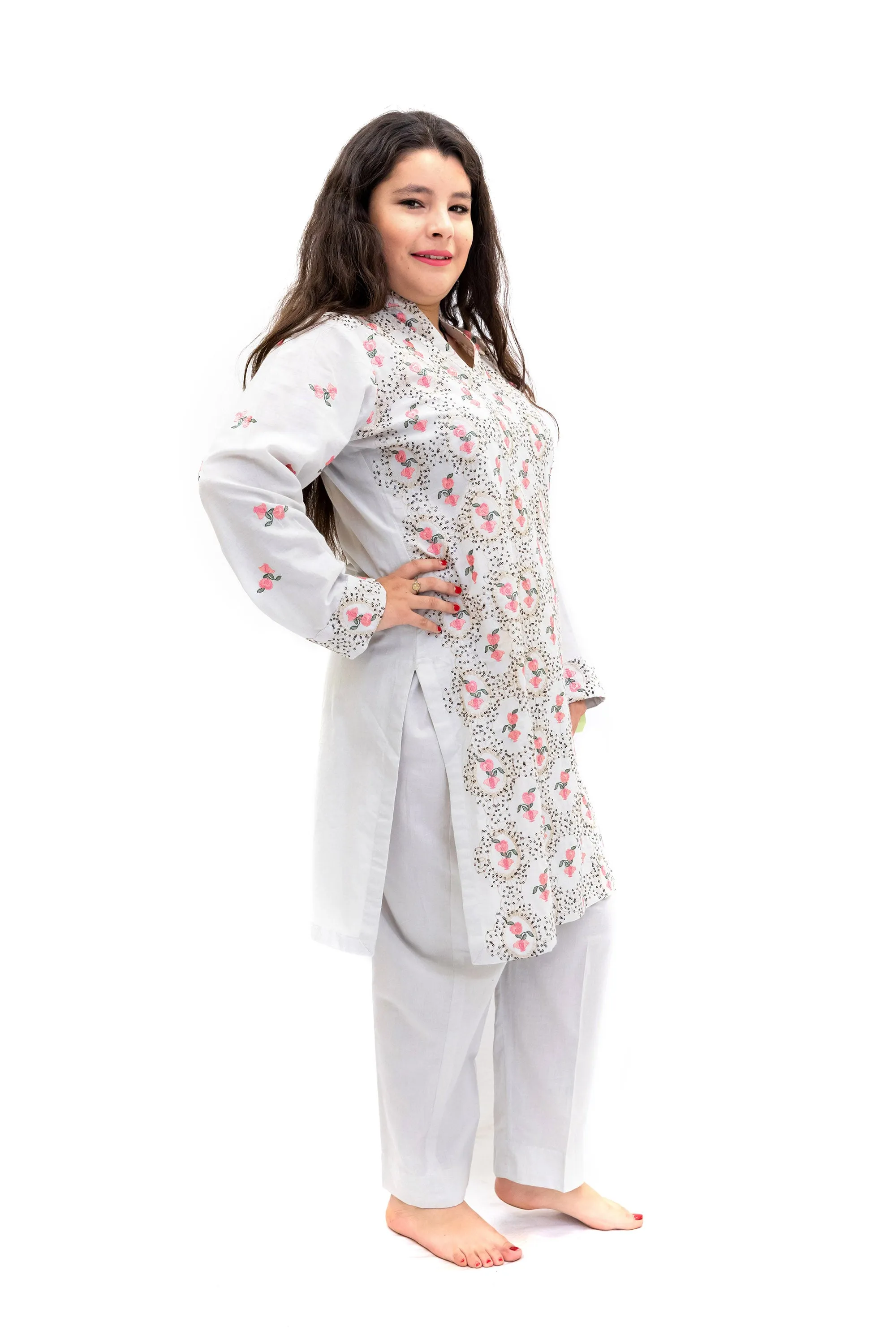 Grey Cotton Embroidered Salwar Kameez - Girls Suit