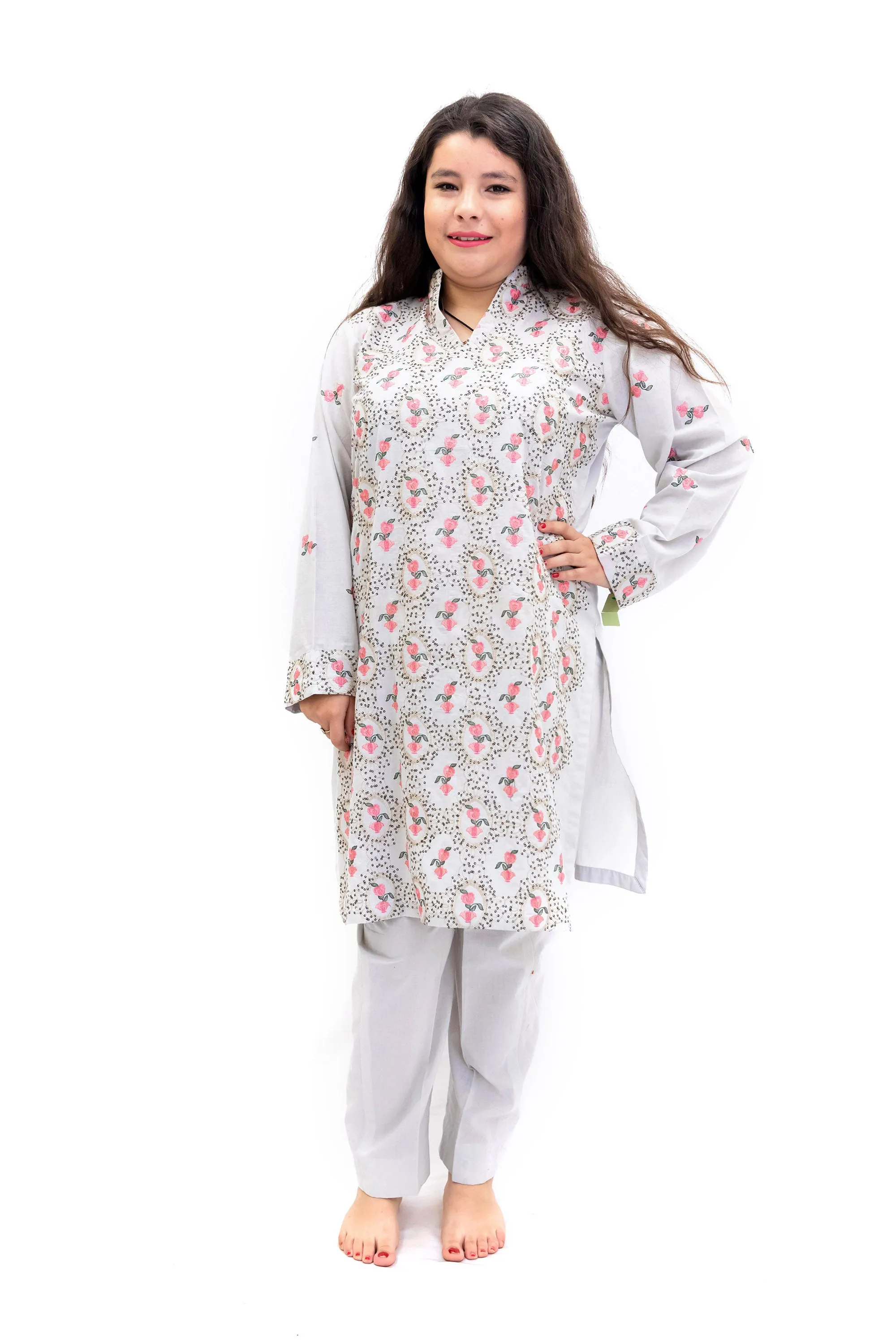 Grey Cotton Embroidered Salwar Kameez - Girls Suit