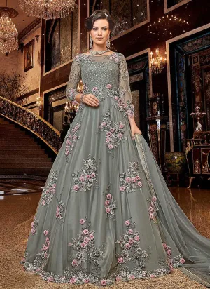 Grey Floral Pink buds Embroidered Anarkali