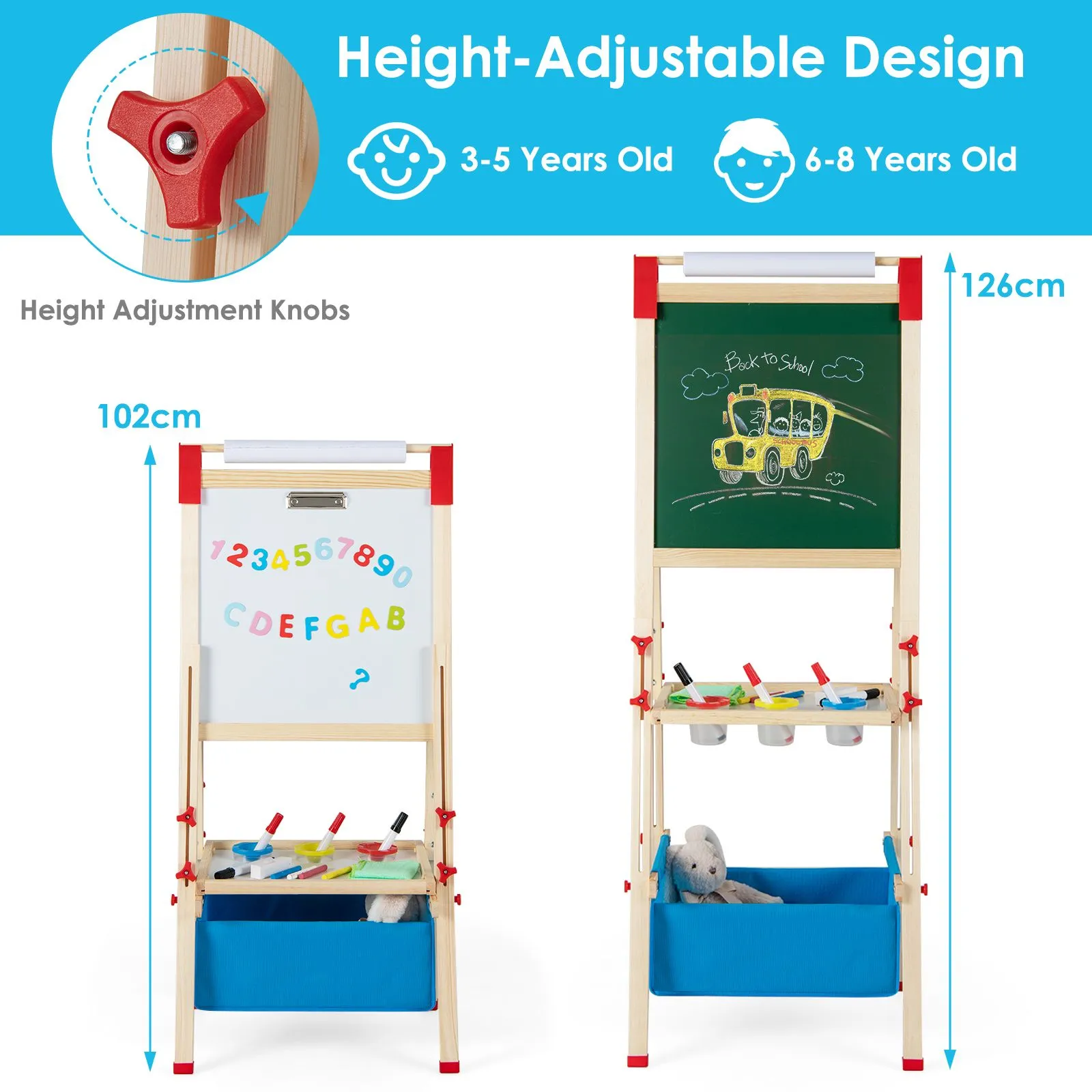 Grow-with-Me 3-in-1 Height Adjustable 2-Sided Wooden Art Easel | Magnetic Whiteboard & Blackboard | 3-8 Years