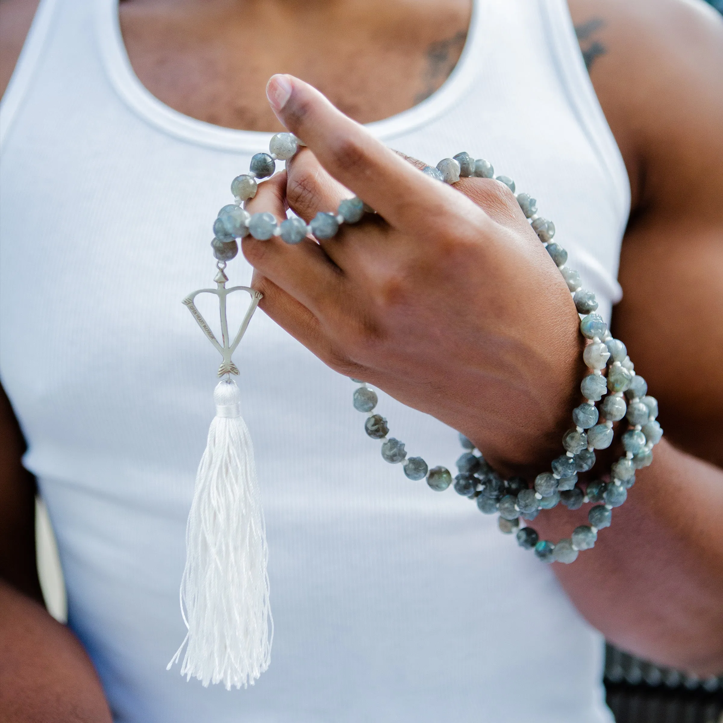 Hand Carved Labradorite Moonstone Skull Mala