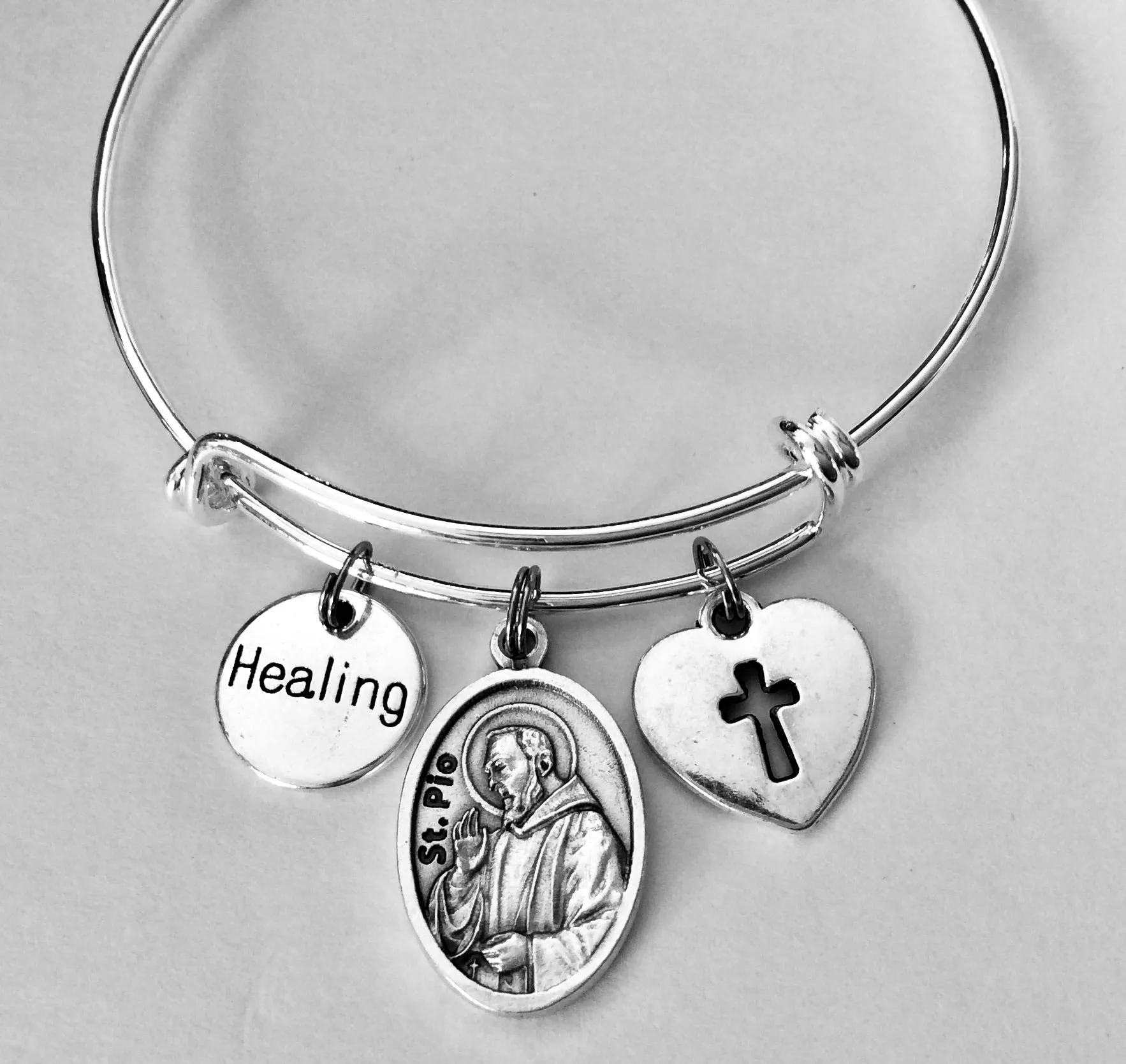 Healing Saint Pio Charm on a Silver Expandable Adjustable Bangle Bracelet Patron Saint of Healing