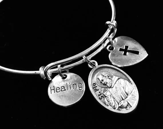 Healing Saint Pio Charm on a Silver Expandable Adjustable Bangle Bracelet Patron Saint of Healing