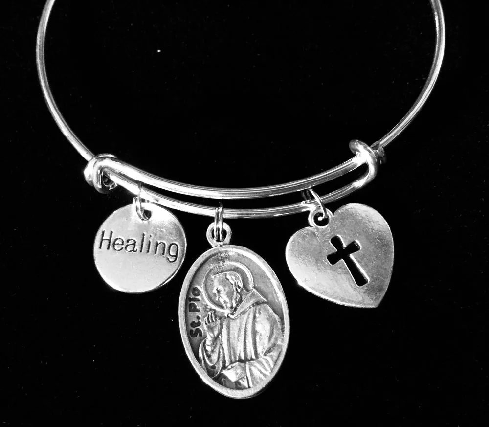 Healing Saint Pio Charm on a Silver Expandable Adjustable Bangle Bracelet Patron Saint of Healing