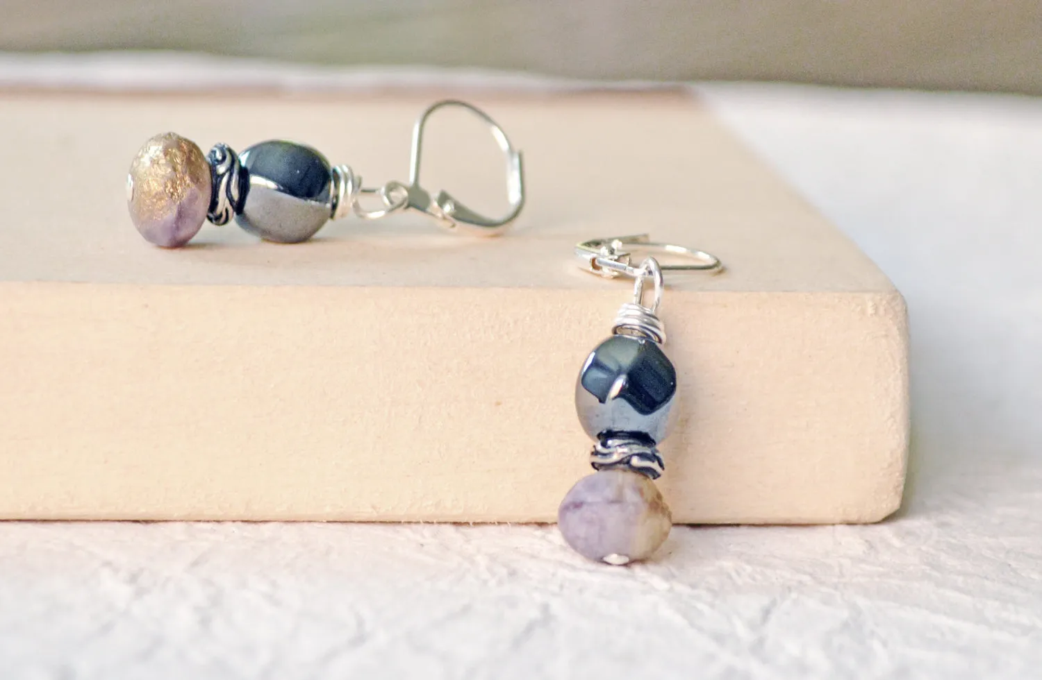 Hematite & Lavender Magnetic Earrings