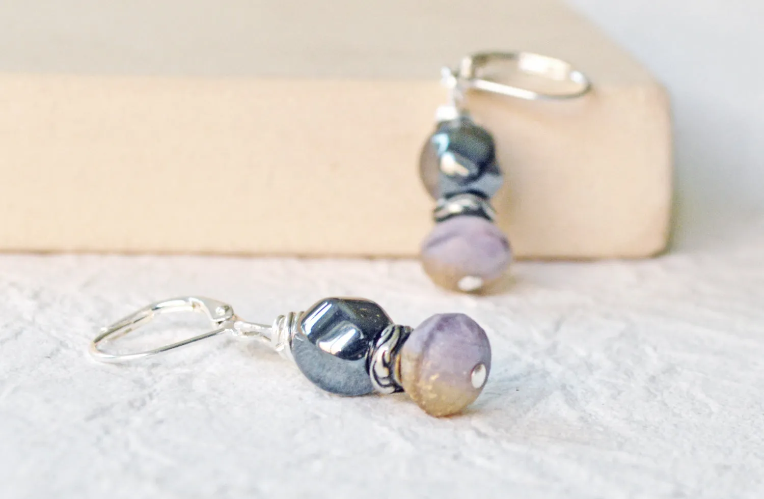 Hematite & Lavender Magnetic Earrings