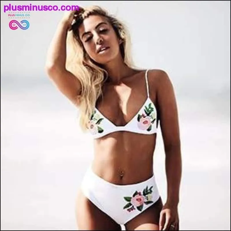 High Waist Sexy Embroidery Floral Bikini Sets Hollow White