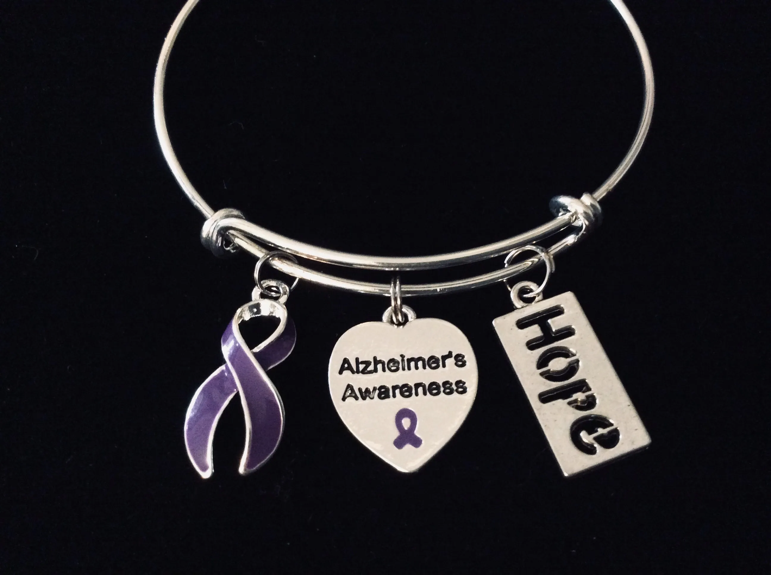 Hope Alzheimer's Awareness Charm Bracelet Purple Ribbon Expandable Adjustable Silver Wire Bangle Trendy One Size Fits All Gift