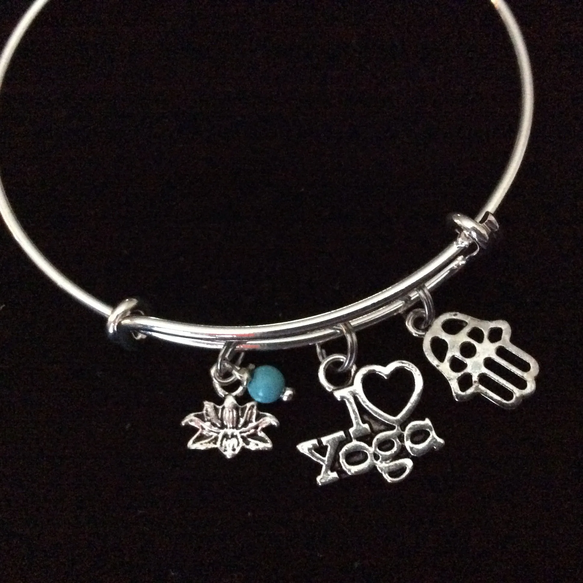 I Love Yoga with Turquoise Lotus Hamsa Charm Bracelet Adjustable Expandable Silver Wire Bangle Trendy Yoga Inspired Meaningful Inspirational