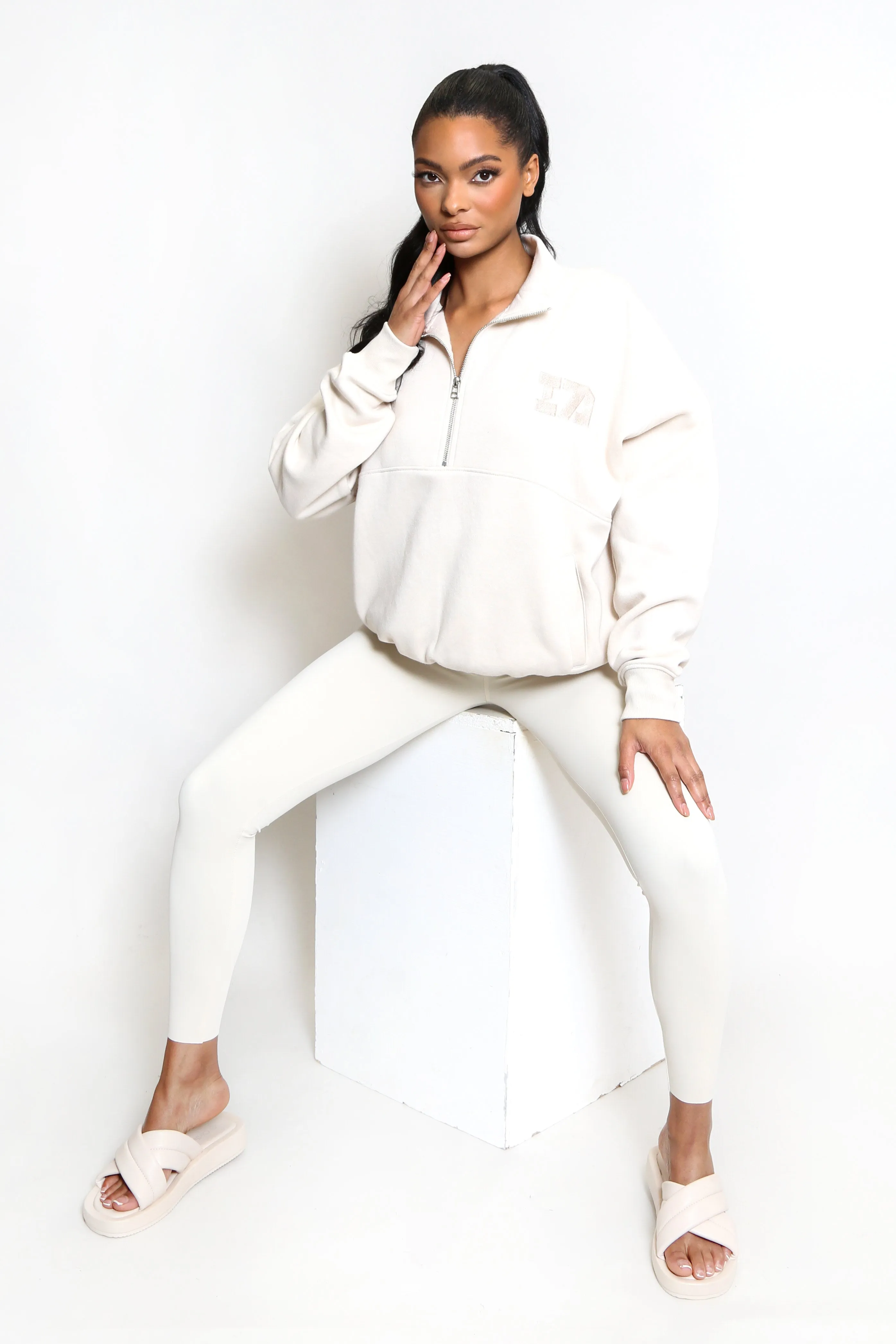 Iconic Athletics Half Zip Pull Over Sweatshirt In Beige