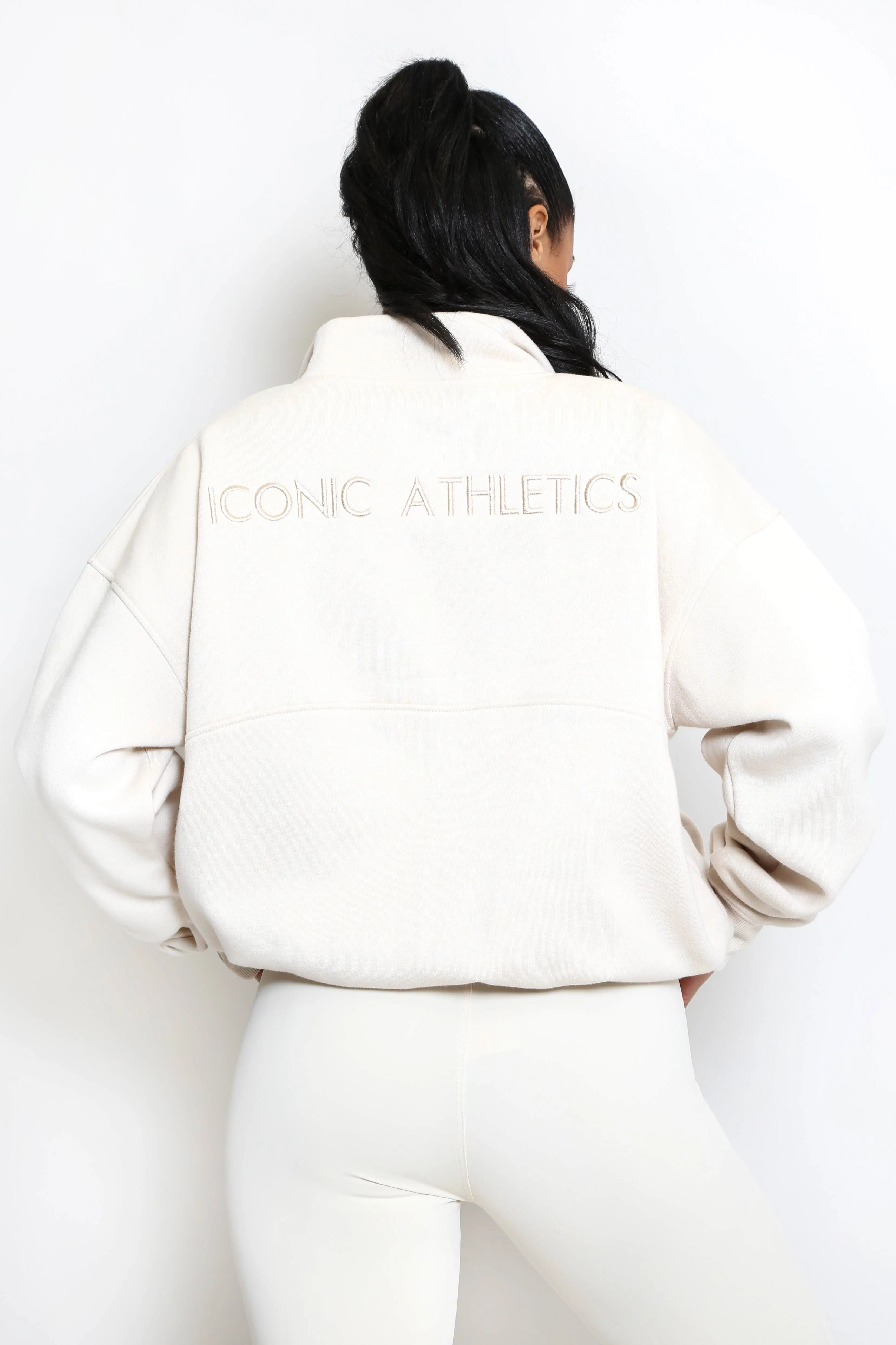 Iconic Athletics Half Zip Pull Over Sweatshirt In Beige
