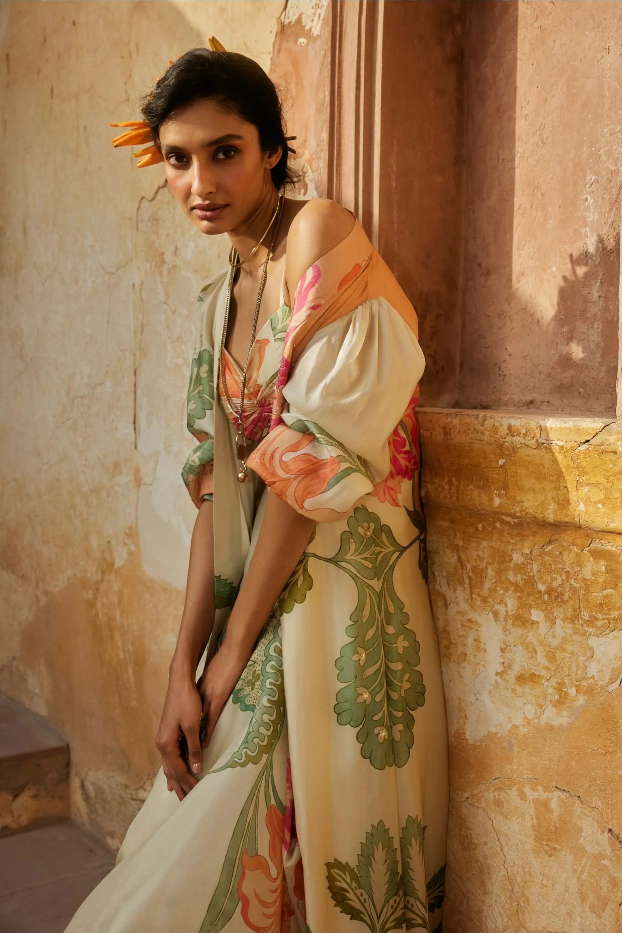 Ivory pastel print jacket and pant set