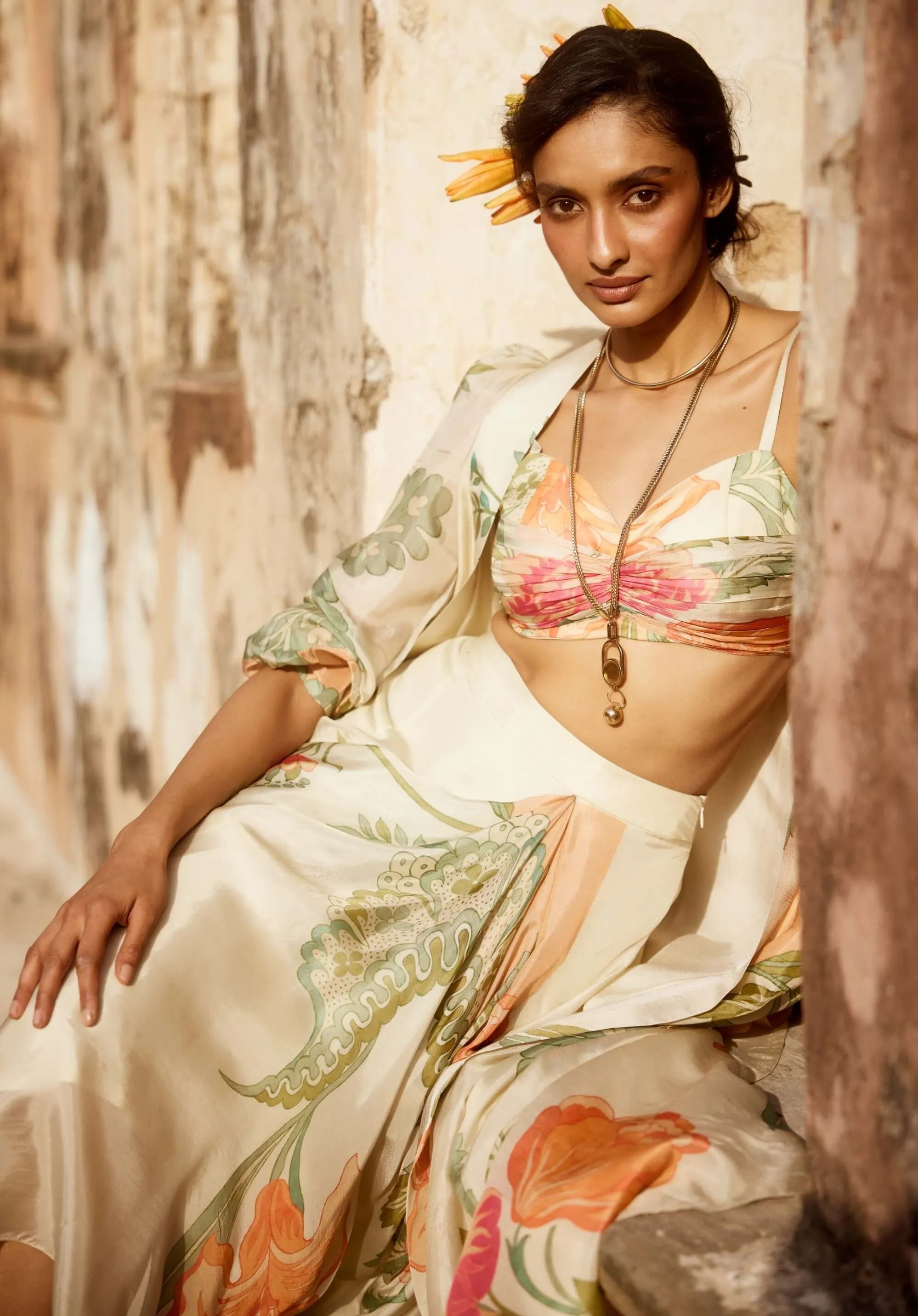 Ivory pastel print jacket and pant set