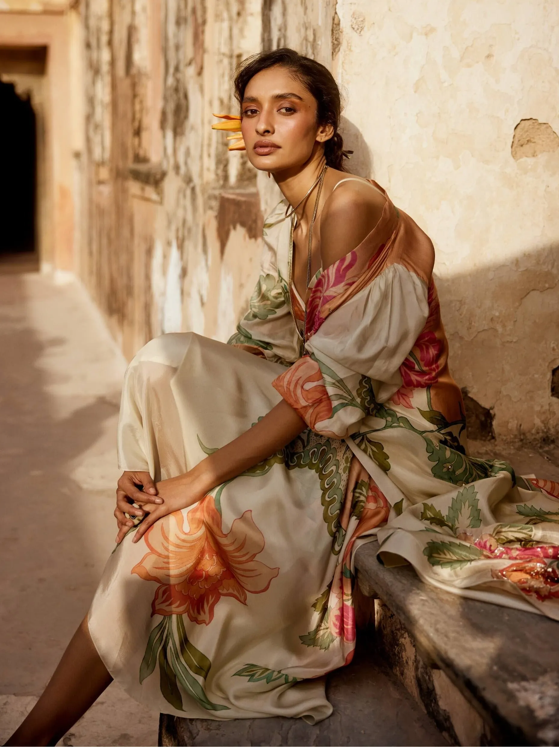 Ivory pastel print jacket and pant set