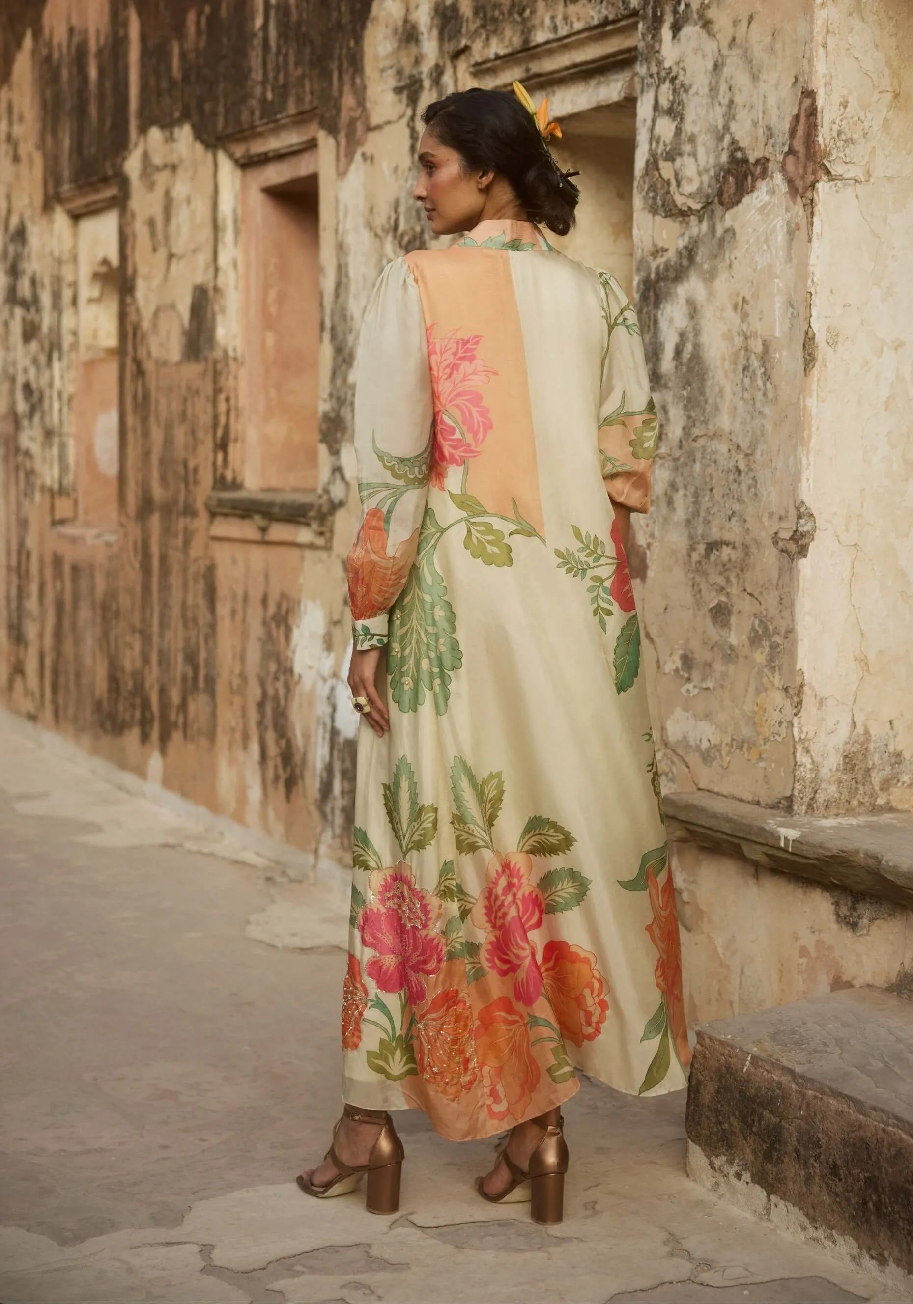 Ivory pastel print jacket and pant set