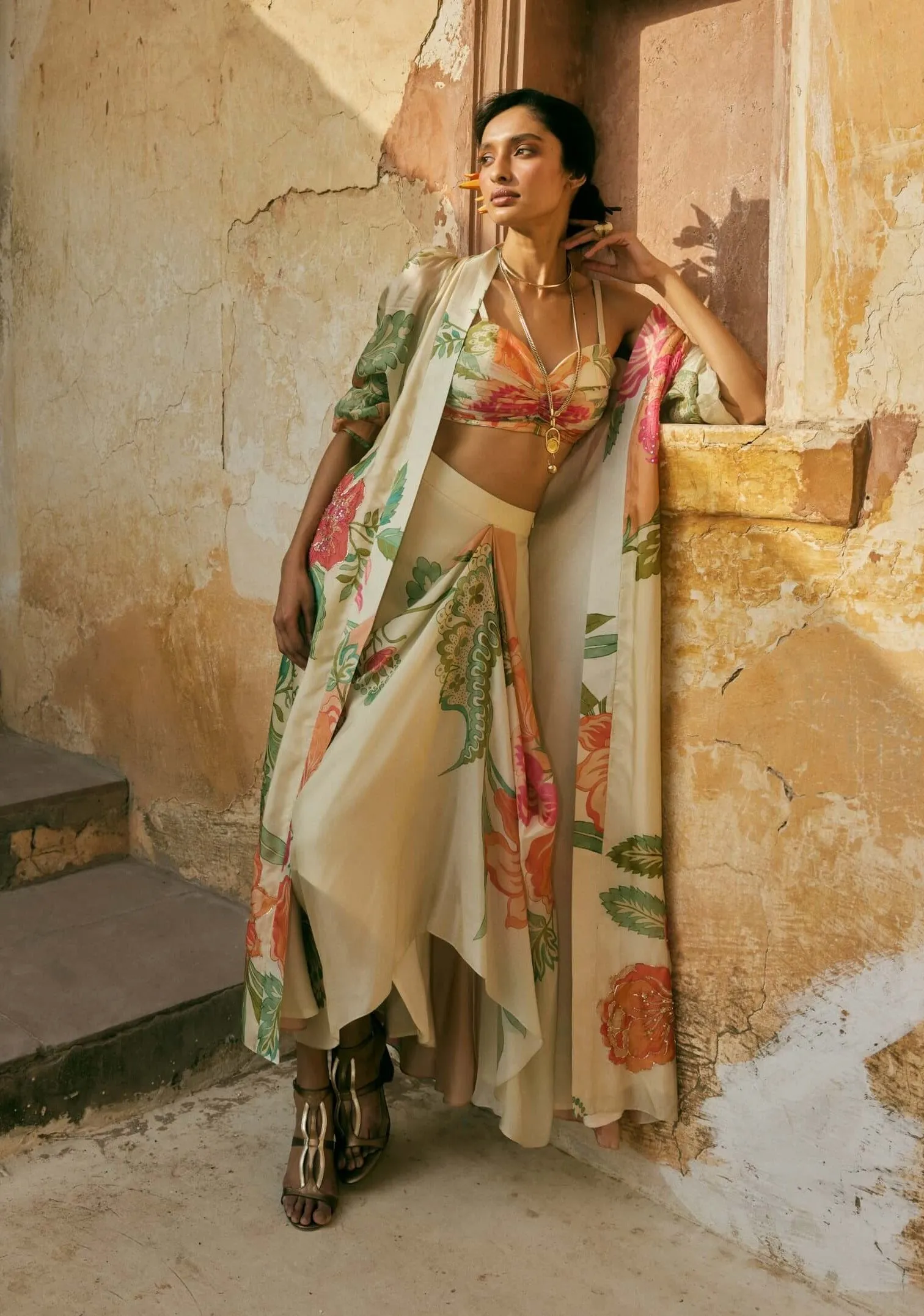 Ivory pastel print jacket and pant set