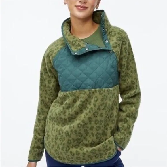 J. Crew Green Leopard Print Quilted Button-Neck Sherpa Tunic Long Sleeve Sweater