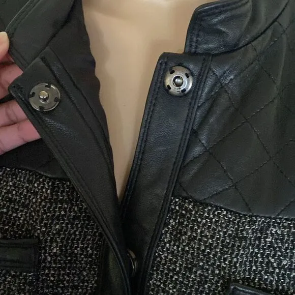 Jaclyn Smith Size M Black White Long Sleeve Leather Wool Blend Tweed Jacket