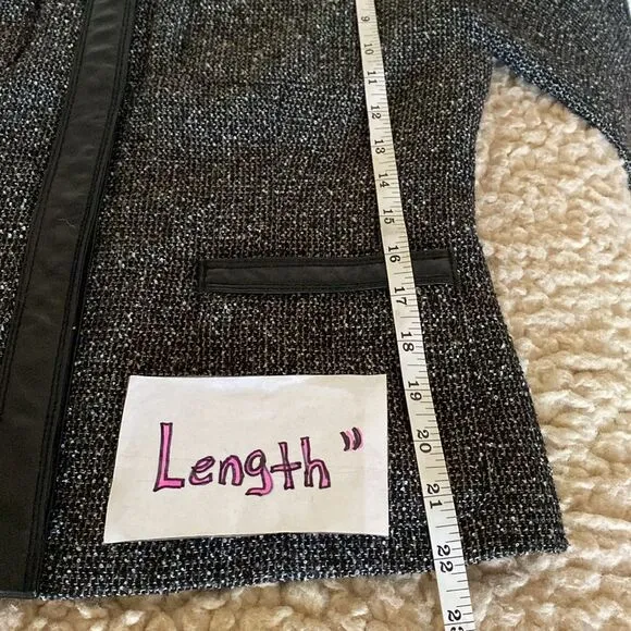 Jaclyn Smith Size M Black White Long Sleeve Leather Wool Blend Tweed Jacket