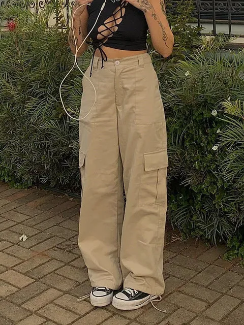 JazzHer Pocket Patched Straight Cargo Jeans