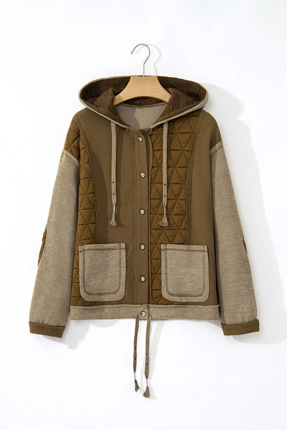 Jungle Green Quilted Textured Patchwork Loose Fit Hooded Jacket