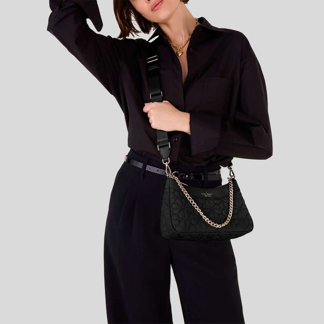 KATE SPADE Spade Flower Quilted Fabric Convertible Crossbody Bag Black RB-KK077