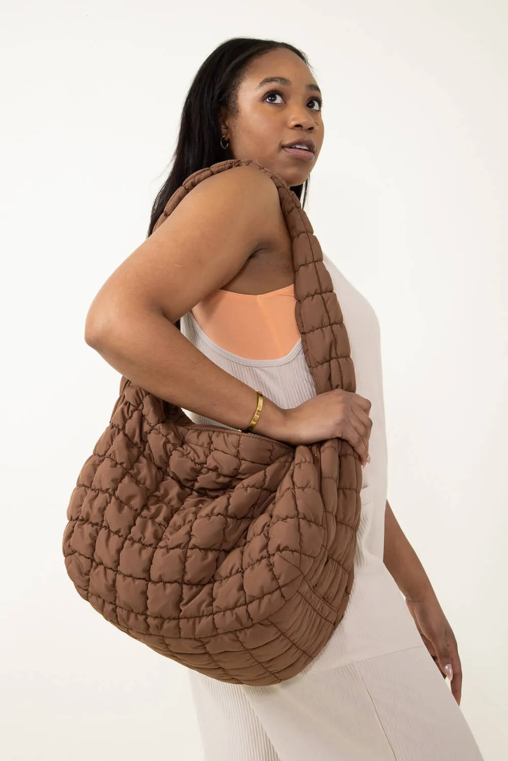 Large Carryall Quilted Puffer Bag for Women in Brown | QBS320125-BROWN