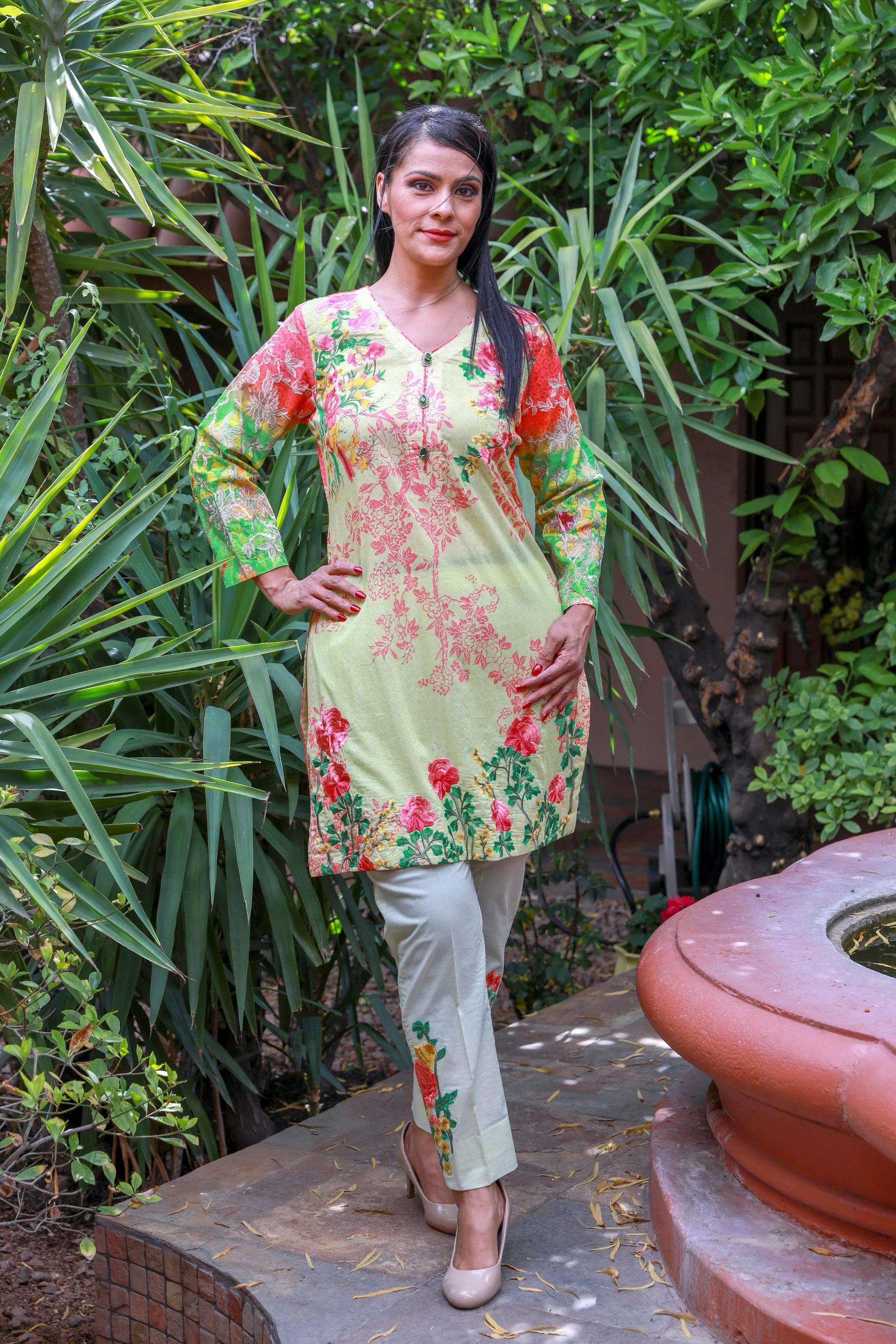 Lemon Pink Cotton Salwar Kameez - Designer Mina Hasan Suit