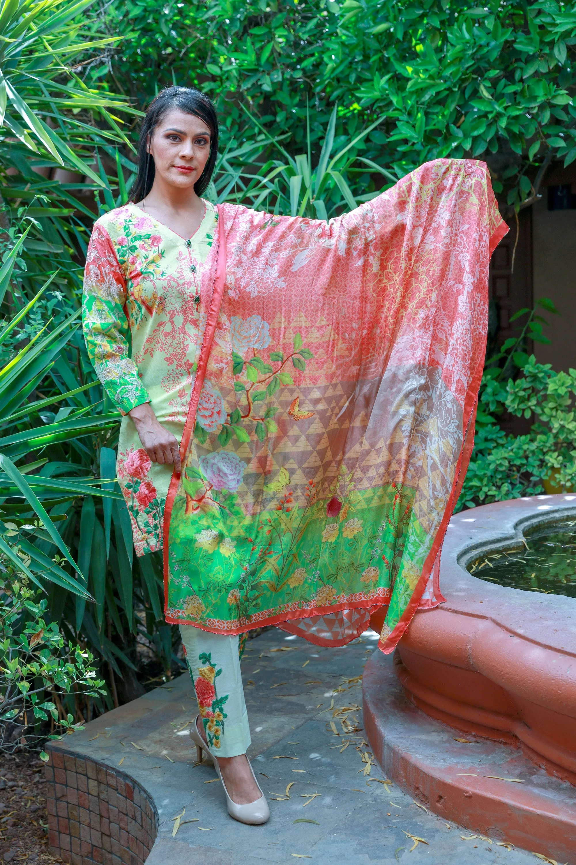Lemon Pink Cotton Salwar Kameez - Designer Mina Hasan Suit