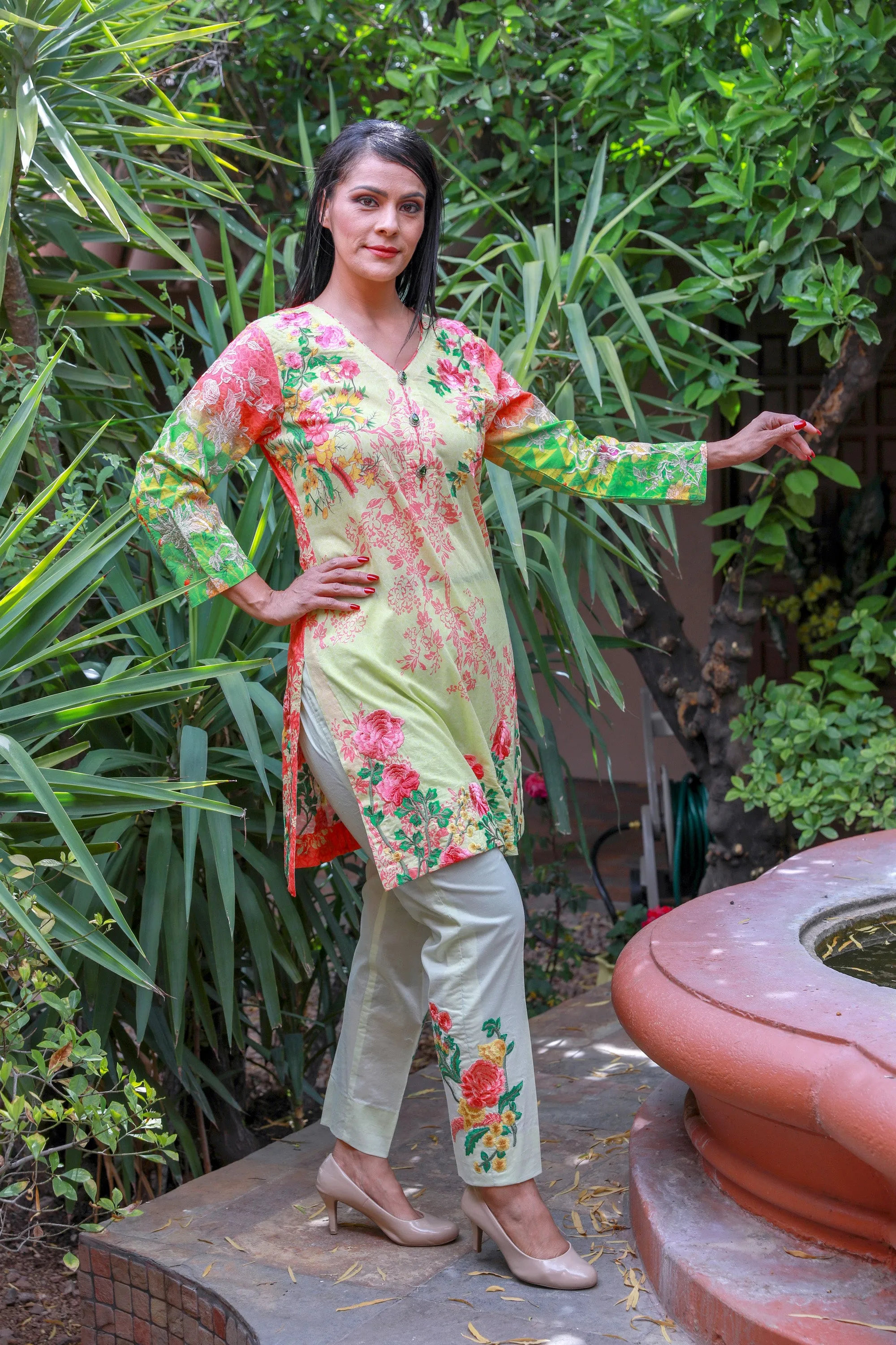 Lemon Pink Cotton Salwar Kameez - Designer Mina Hasan Suit