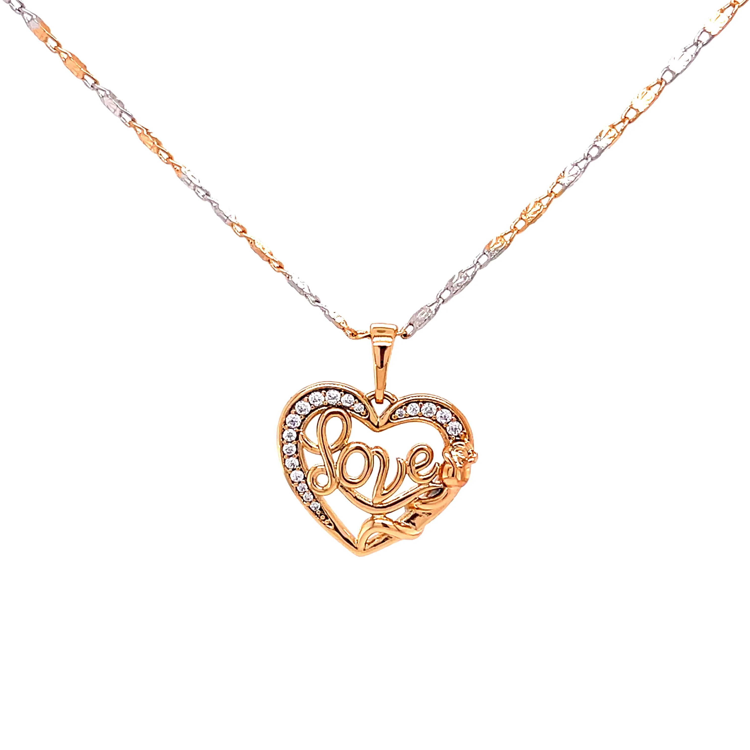 Love and Rose Zirconia CZ Pendant Necklace Two Tone Rose Gold Filled Mariner link Chain