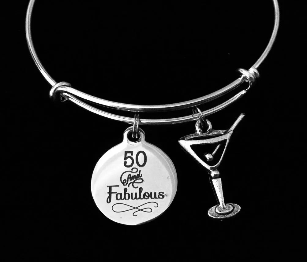 Martini 50 and Fabulous Happy 50th Birthday Expandable Charm Bracelet Silver Adjustable Bangle Gift