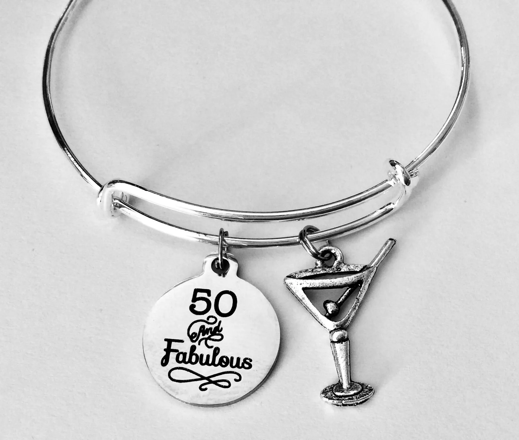 Martini 50 and Fabulous Happy 50th Birthday Expandable Charm Bracelet Silver Adjustable Bangle Gift