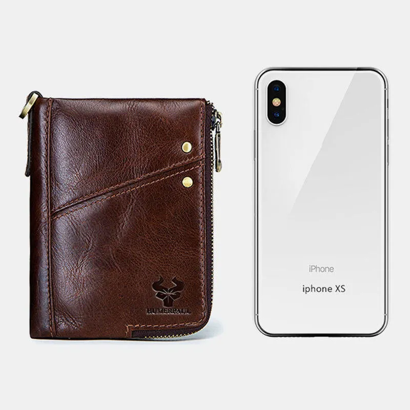 Men Vinatge Genuine Leather RFID Blocking Chain Zipper Coin Bag Wallet