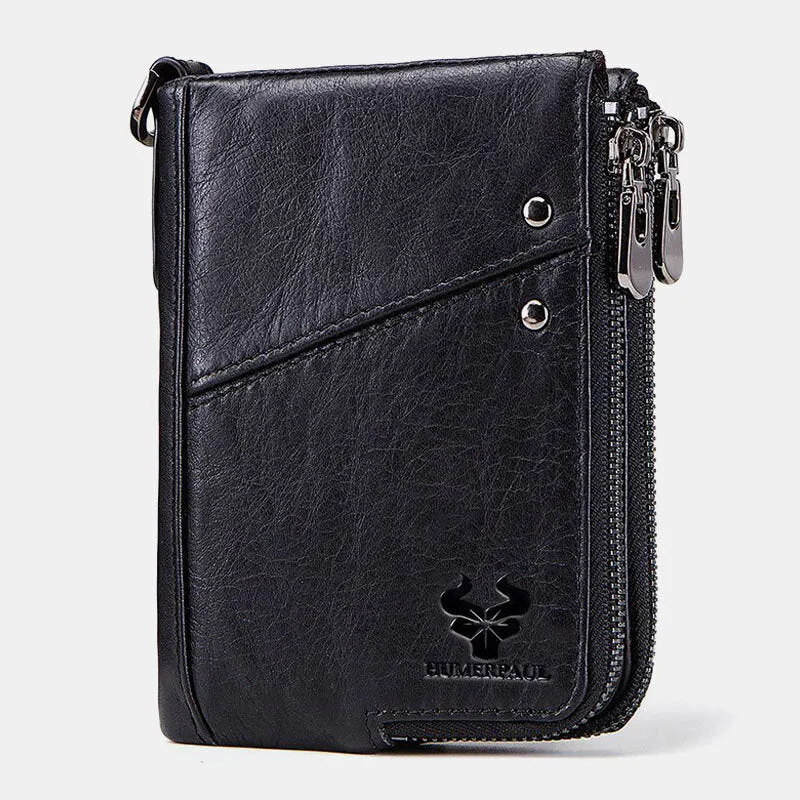 Men Vinatge Genuine Leather RFID Blocking Chain Zipper Coin Bag Wallet
